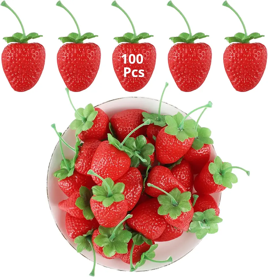 100 Pcs Fake Strawberries - 2.76&quot; Artificial Faux Plastic Red Strawberries Decorations, Lifelike Strawberry Simulations, Realistic Fruit Props for Party, Photography, Fake Strawberries for Decor