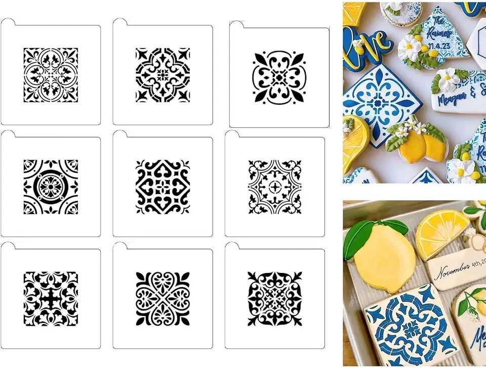 9PCS Scroll Tile Cookie Stencils for Baking, Royal Icing, Sugar Cookie, Cards Decorating Tools