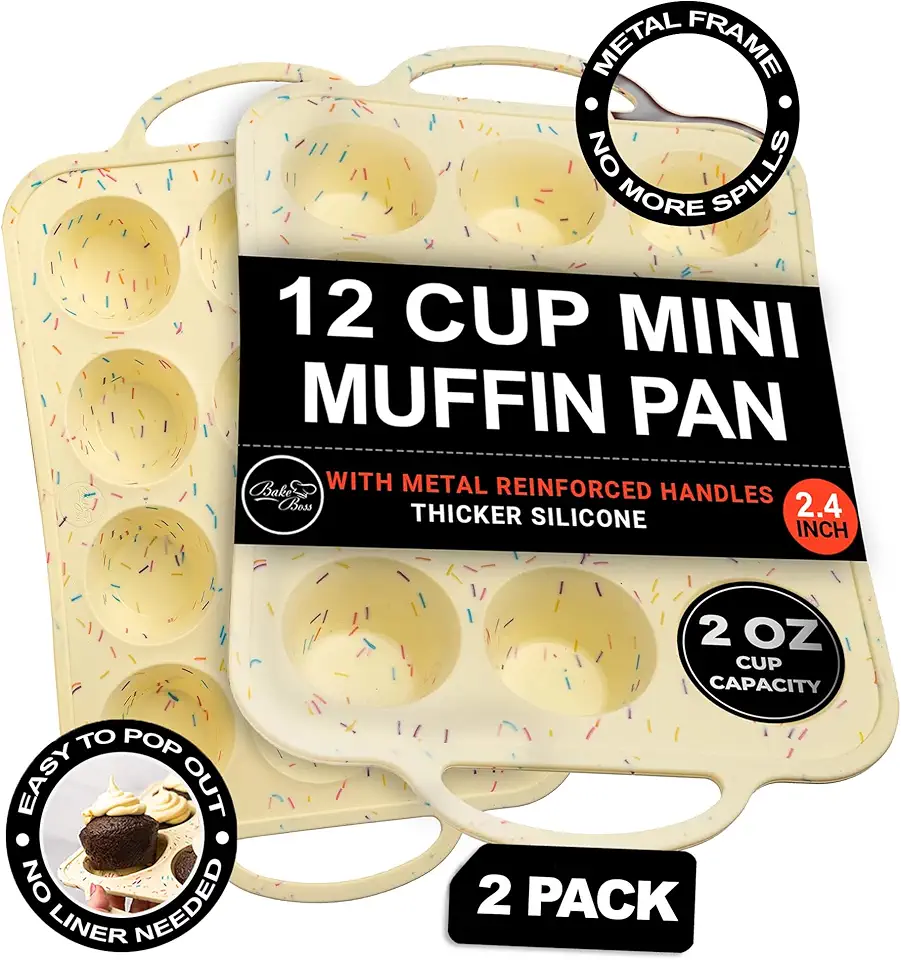 Silicone Mini Muffin Pan With Handles 2 Pack, 12 Cups Mini Cupcake Pan, Silicone Muffin Cups For Baking, Eggs &amp; Cupcakes, Non-Stick Silicone Cupcake Molds Dishwasher Safe &amp; BPA Free-Confetti