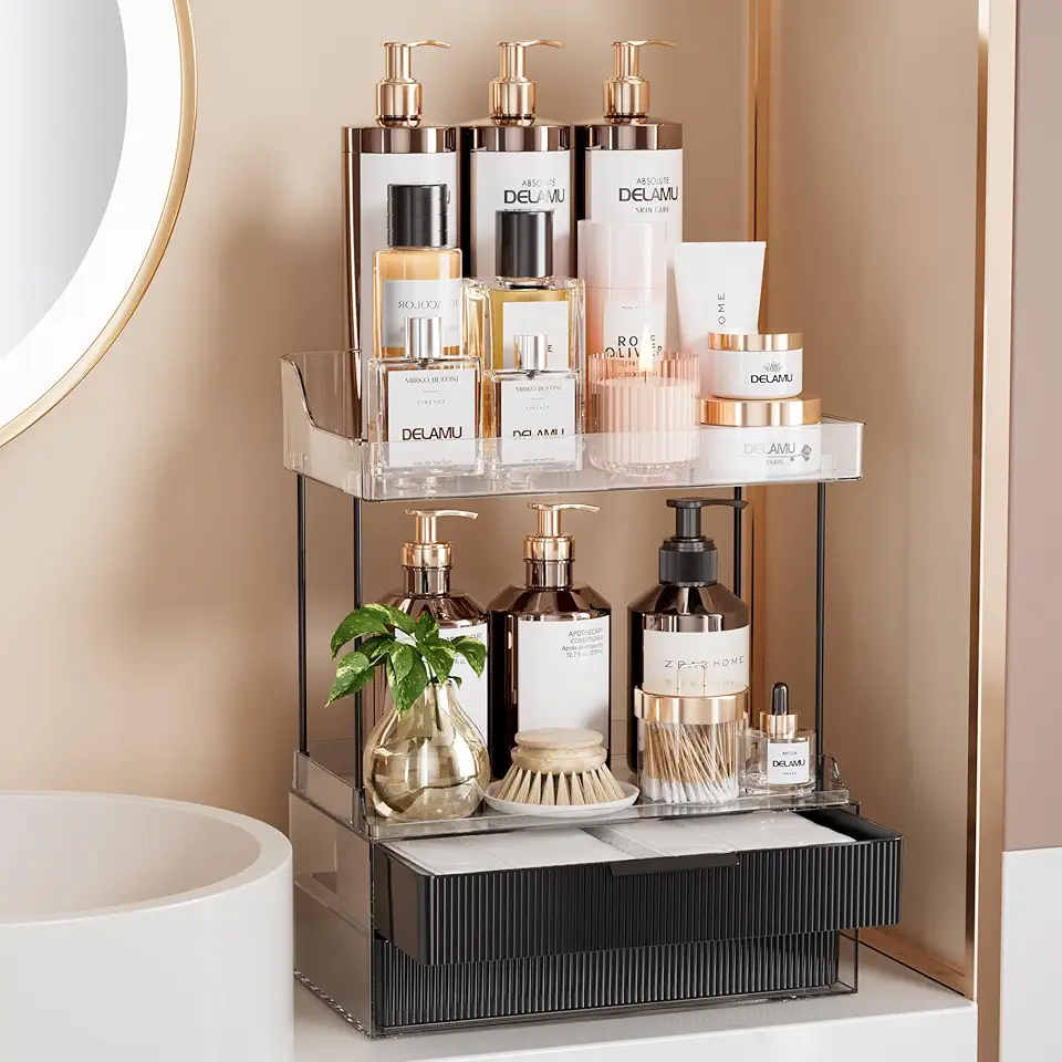 Delamu 2-Tier 2-Drawer Bathroom Organizer Countertop, Multi-Purpose Makeup Organizer Countertop, Large Skincare Organizers, Exquisite Vanity Organizer, Elegant Black