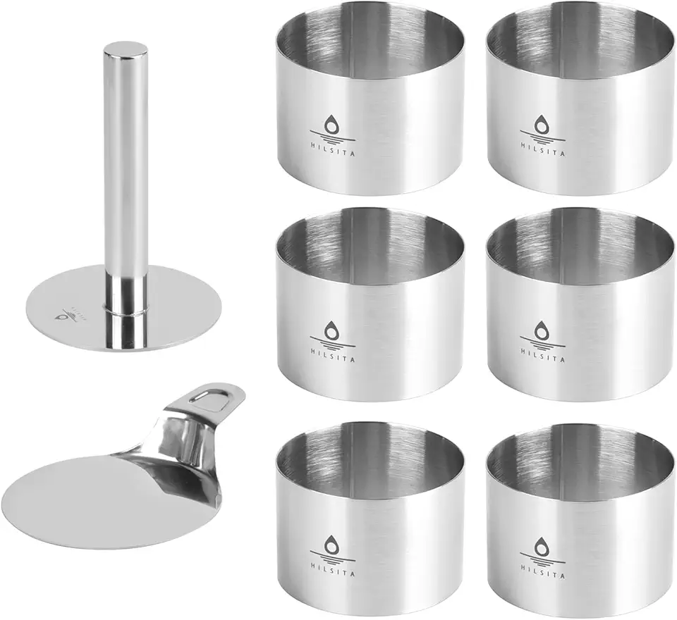 Hilstita 8 Pcs Cake Ring Molds, Stainless Steel Cake Cutter For Baking, 3 inch Cooking Rings with Pusher &amp; Lifter, Dessert Mousse Molds Baking Tools, Includes Pusher and Lifter