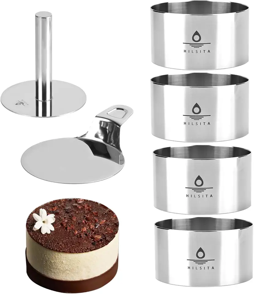 Hilstita 6 Pcs Cake Ring Molds, Stainless Steel Cake Cutter For Baking, 4 inch Cooking Rings with Pusher &amp; Lifter, Dessert Mousse Molds Baking Tools, Includes Pusher and Lifter