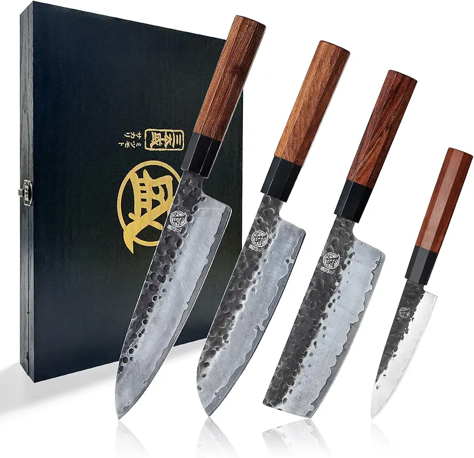 MITSUMOTO SAKARI Japanese Chef&#x27;s Knife Set 4 Pcs, Professional Hand Forged Kitchen Chef Knife Set, High Carbon Ultra Sharp Cooking Chefs Knife Set (Rosewood Handle &amp; Sandalwood Box)