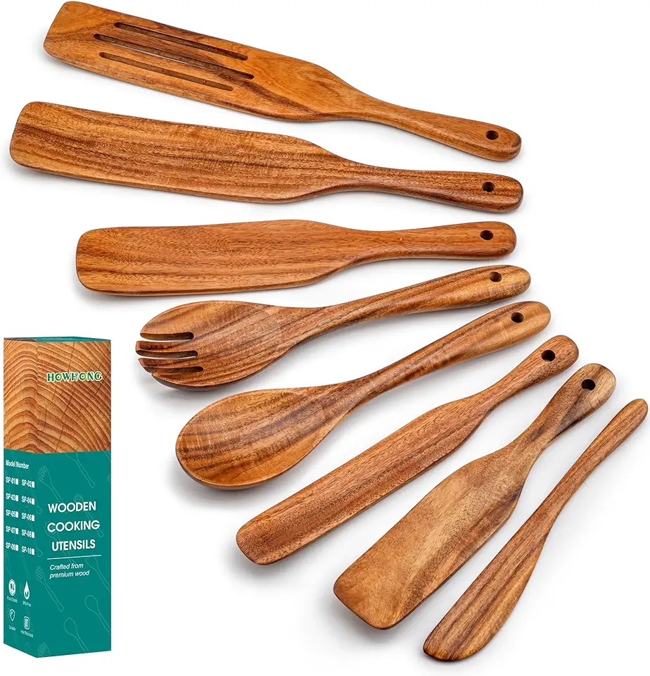 Spurtle Spatula Wooden Kitchen Utensils for Cooking, 8 Pcs Acacia Wooden Spoon Tools Set Salad Fork Cookware, Butter Knife, Slotted Spatula Set Non-Stick by HOWHONG