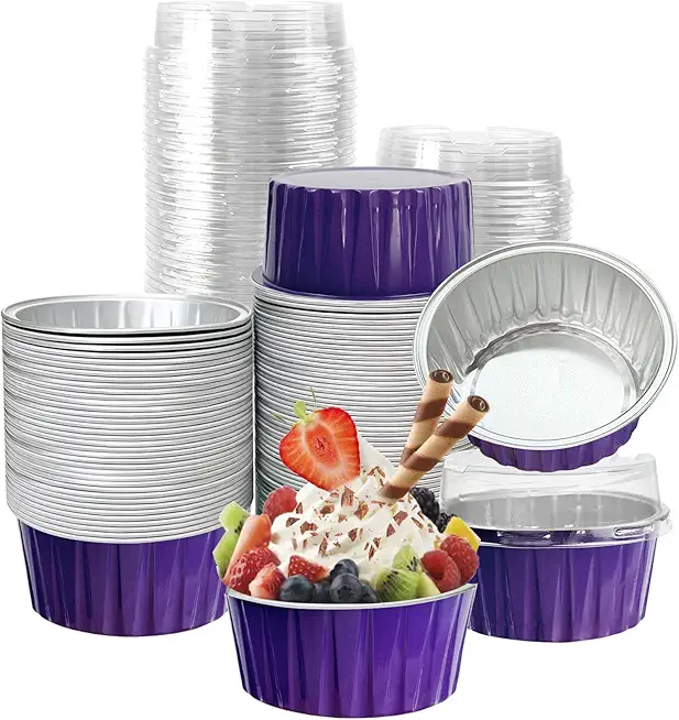 100Pcs Aluminum Cups with Lids,5oz Disposable Ramekin Baking Cups Muffin Liners Mini Pie Pans Foil Cupcake Containers for Christmas Party Wedding Party,Dark Purple