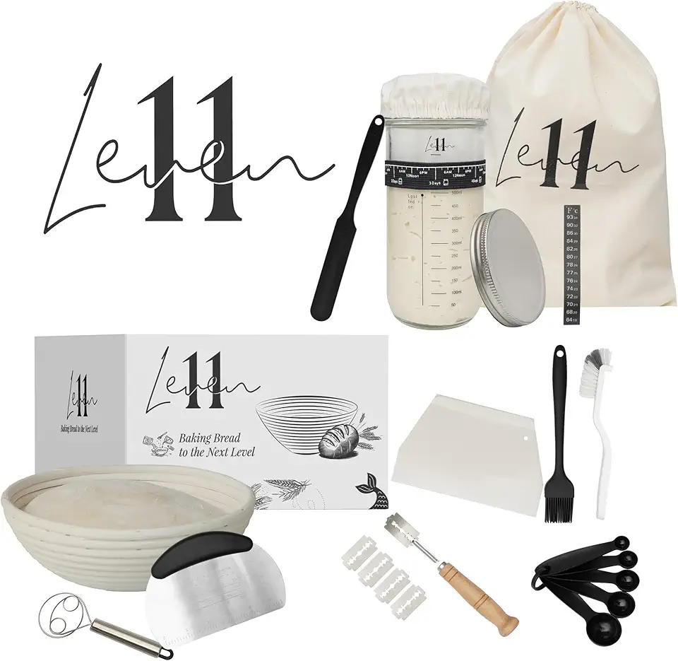 Sourdough Starter Kit - Complete Sourdough Bread Baking Supplies Kit with Starter Jar, Banneton Proofing Basket, Scraper, Whisk, Lame, and Other Accessories and Tools for Sourdough Bread