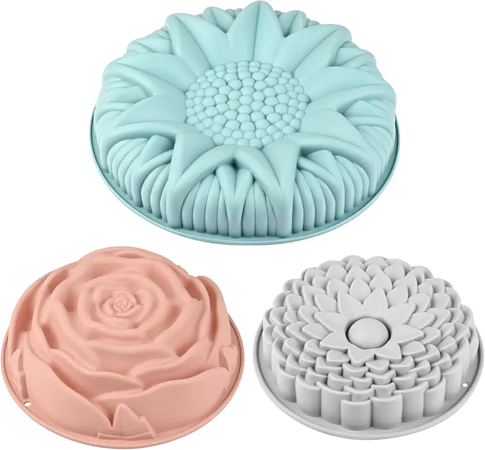 Sakolla 3 Pack Flower Silicone Mold - Large Round Chrysanthemum Rose Sunflower Shapes Non-Stick Bread Pan molds for Making Birthday Cakes, Breads, Pies, and Tarts