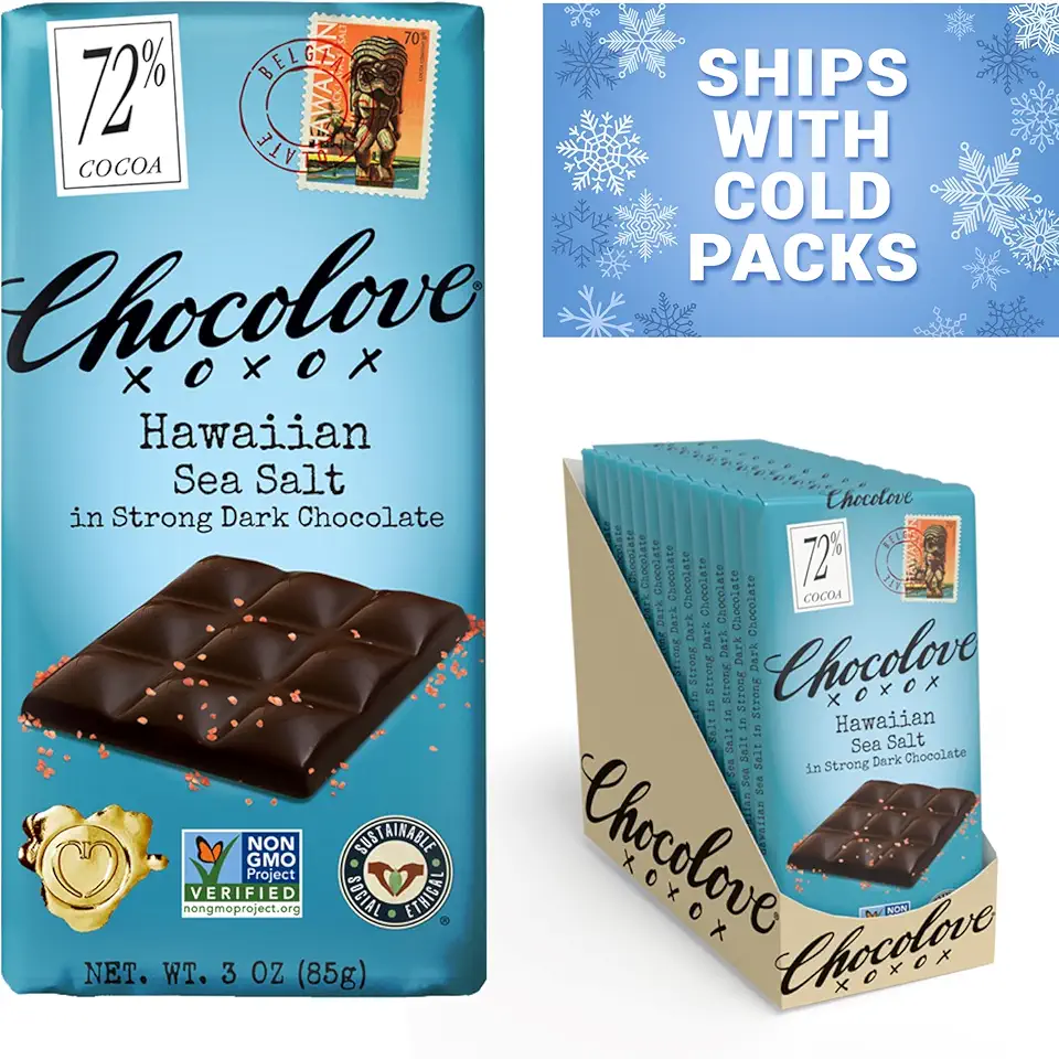 Chocolove Hawaiian Sea Salt Dark Chocolate Bars | 72% Cocoa | Rich and Intense Flavor | Made with Premium Belgium Chocolate | Non-GMO &amp; Gluten-Free, 3.2 oz Bar (12 Pack)