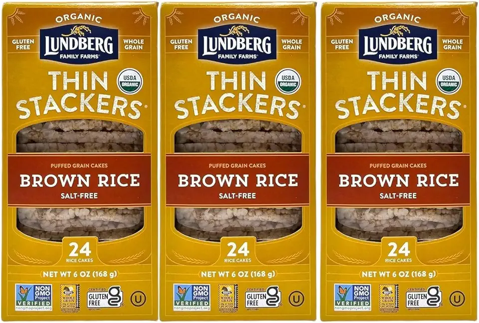 (Pack of 3) Thin Stackers, Organic Puffed Grain Brown Rice Cakes, Gluten Free, Salt Free, Whole Grain Low-Calorie Snacks, Organic Snacks, Non-GMO (6 Oz each)