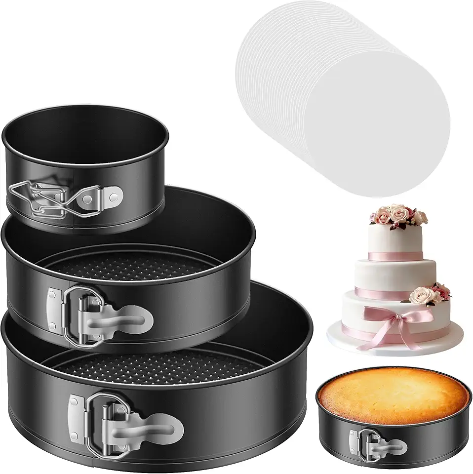 Kootek Cake Pan Set of 3, Nonstick Springform Pans with Removable Bottom, 4, 7, 9 Inch Round Cheesecake Baking Pans with 50 Pcs Parchment Paper Liners