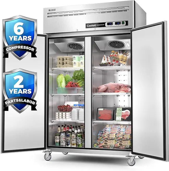 48&quot; W Commercial Refrigerator and Freezer Combo, 36 Cu.ft 2 Section Stainless Steel Solid Door Upright Reach in Freezer for Restaurant Bar Shop Kitchen Garage School Church ETL DOE Approved