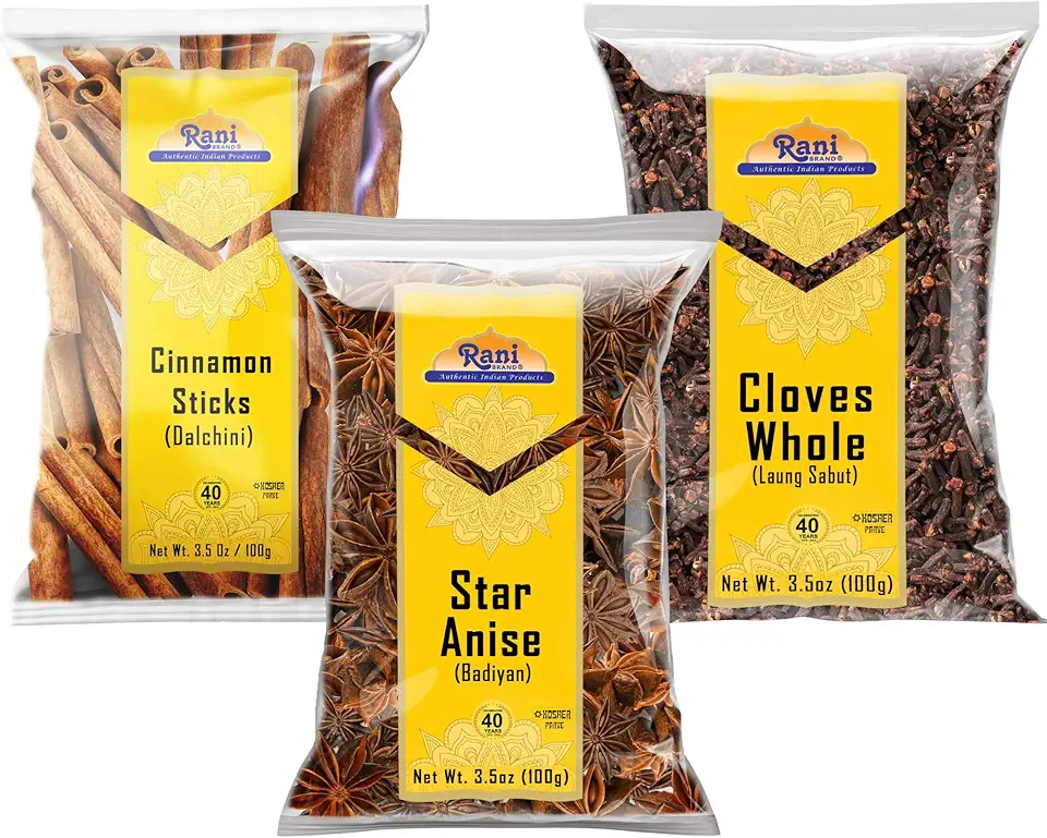 Rani Cinnamon Sticks, Star Anise &amp; Whole Cloves 3.5oz (100g) Pack of 3 ~ Perfect for Baking, Cooking &amp; Beverages ~ All Natural | Gluten Friendly | NON-GMO | Kosher | Vegan | Indian Origin