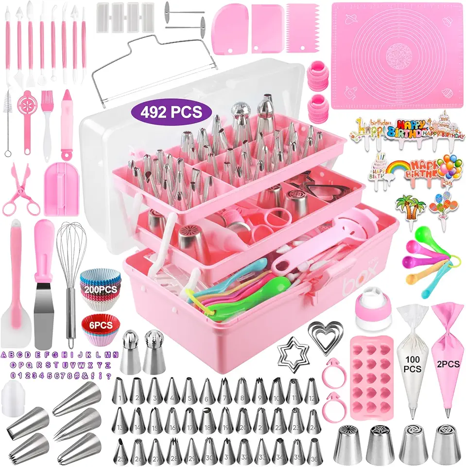 Cake Decorating Tools Kit,492 PCS set Piping Bags and Tips Set,Baking Supplies Accessories with Storage Case,Cupcake Cookie Frosting Fondant Bakery for Adult Beginners or Professional Cake Shop