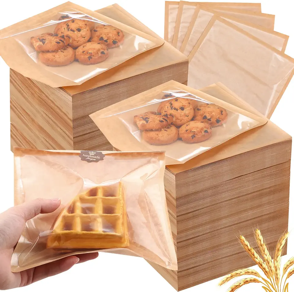 Yeaqee 1500 Pcs Bakery Bags 7.1 x 7.5 Inches Heat Sealable Donut Bag with Window Paper Sandwich Bag Grease Resistant Cookie Packaging Kraft Sleeves for Pastries Snacks Egg Biscuits Treat