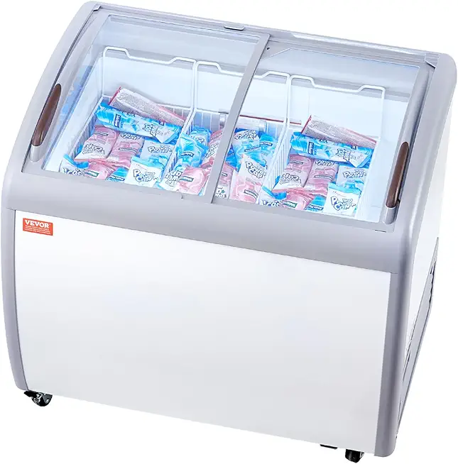 VEVOR Commercial Ice Cream Display Case, 9.3 Cu.ft Chest Freezer, Mobile Glass Top Deep Freezer, Restaurant Gelato Dipping Cabinet with 3 Wire Baskets, 2 Sliding Glass Doors, Locking Casters, White