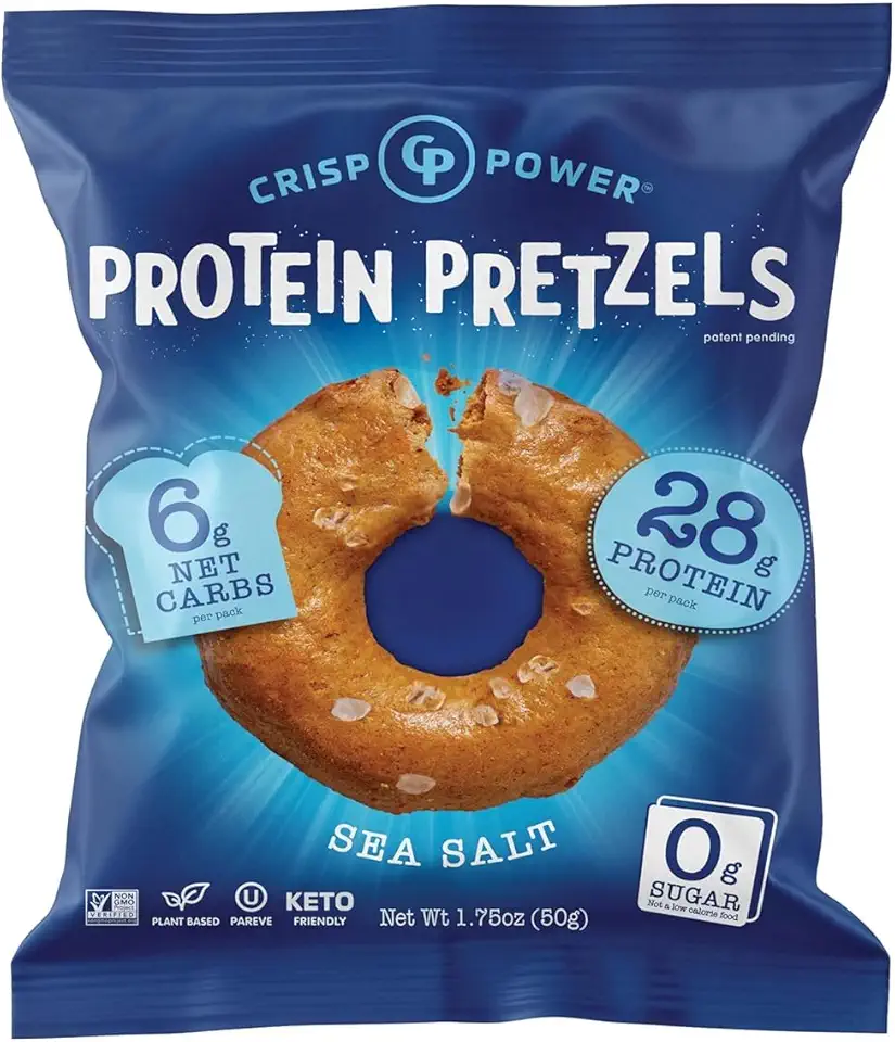 Crisp Power High Protein Pretzel Crisps - 6 Pack x 1.75 oz Crunchy &amp; Flavorful Plant-Based Snack. No Sugar, 28g Protein Per Pack in 3 Savory Flavors, Vegan, Keto Friendly, Non-GMO, Kosher Non-Dairy (1.75 Ounce (Pack of 24), Sea Salt)