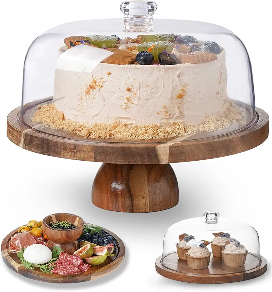 Kanwone Acacia Wood Cake Stand with Lid - 12in Cake Plate, 2-in-1 Multi-Functional Dessert Table Display Set, Charcuterie Board for Cheese, Chips &amp; Dips, Nachos, Cake Holder with Acrylic Dome, Detachable Design