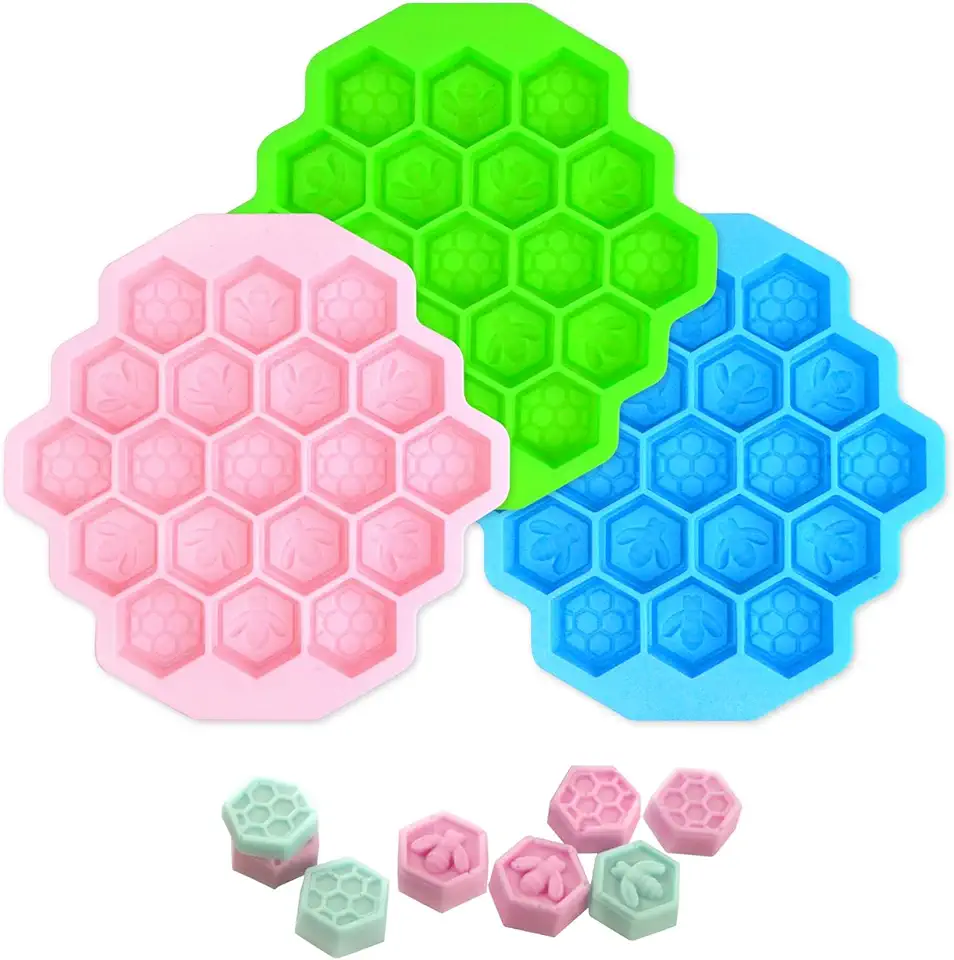 3Pcs Honeycomb Bees Silicone Molds, XJMWXHFC 19 Cavities Chocolate Molds, Food Grade Silicone Baking Molds, Non-Stick Cake Mold for Chocolate, Candy, Jelly, Ice Cube, Mini Cakes (Pink, Green, Blue)