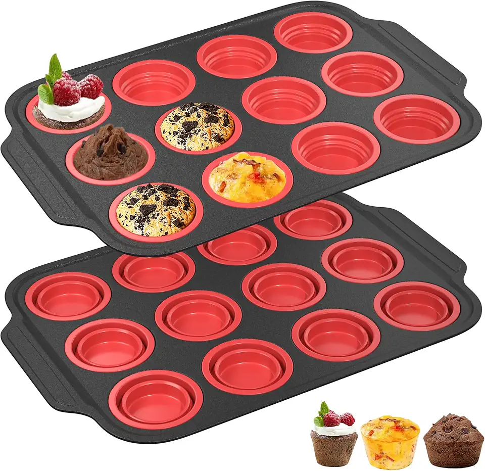 [2 Pack] Silicone Muffin Pan with Metal Frame, Cupcake Pans 12 Regular Size, Metal Frame Muffin Tin Egg Bites Cupcake Pan, Oven and Dishwasher Safe Silicone Molds