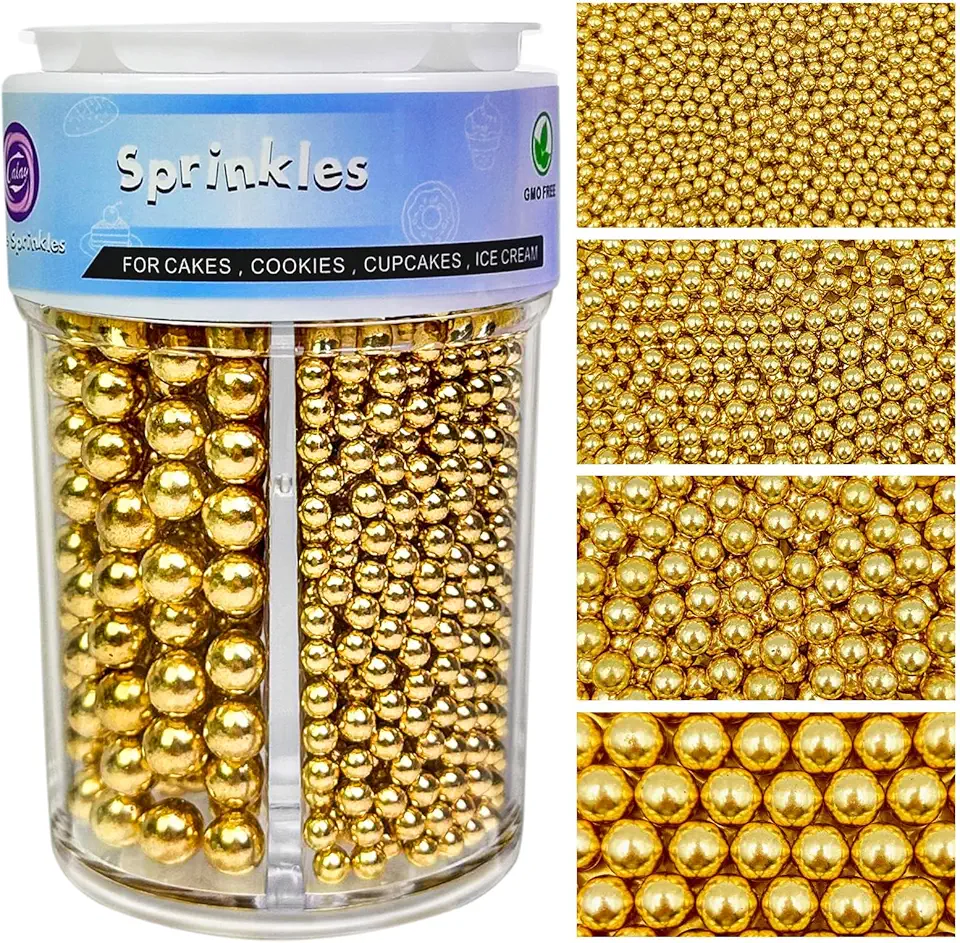 Gold Sprinkles for Cake Decorating, 4 Sizes Pearl Sprinkles Mix 7.7Oz for Cake Cupcake Ice Cream Donuts Cookie Baking Toppings