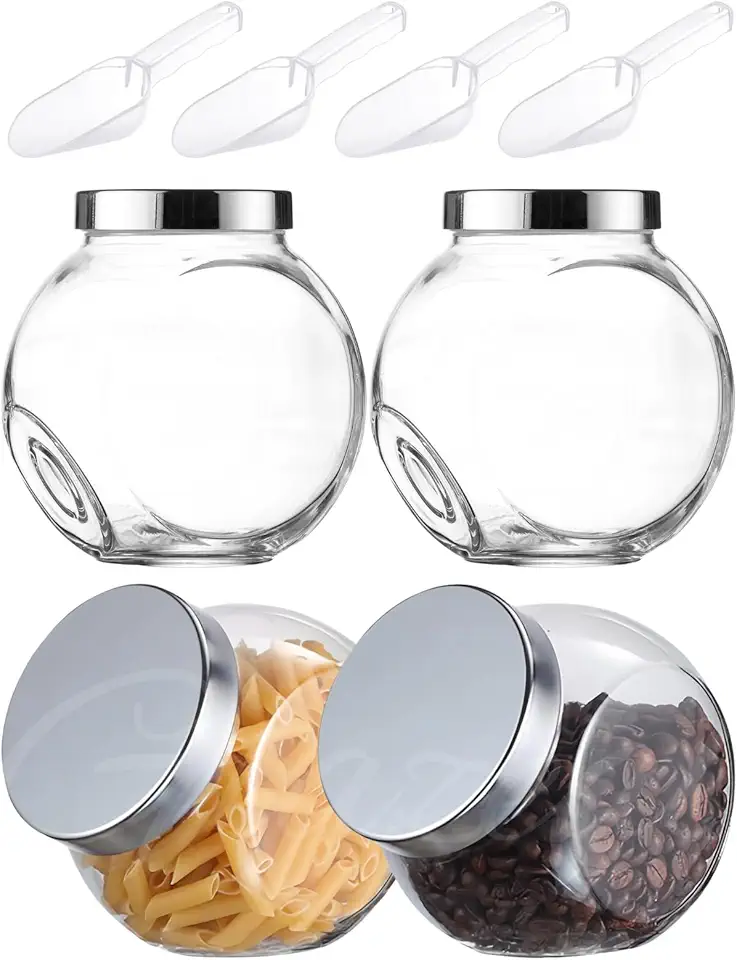 4pcs Glass Candy Jars 75oz with Spoons and Lid, Large Glass Cookie Jars Clear for Candy, Buffet, Coffee Holder Food Storage-Thick Glass with Airtight Metal Lids