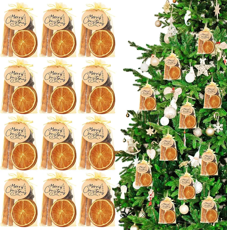 Tioncy 12 Sets Christmas Orange Slice Ornament Includes Pine Cones Dried Orange Slices Cinnamon Sticks Organza Drawstring Bags Cards for Christmas Tree DIY Home Wedding Decor Crafts