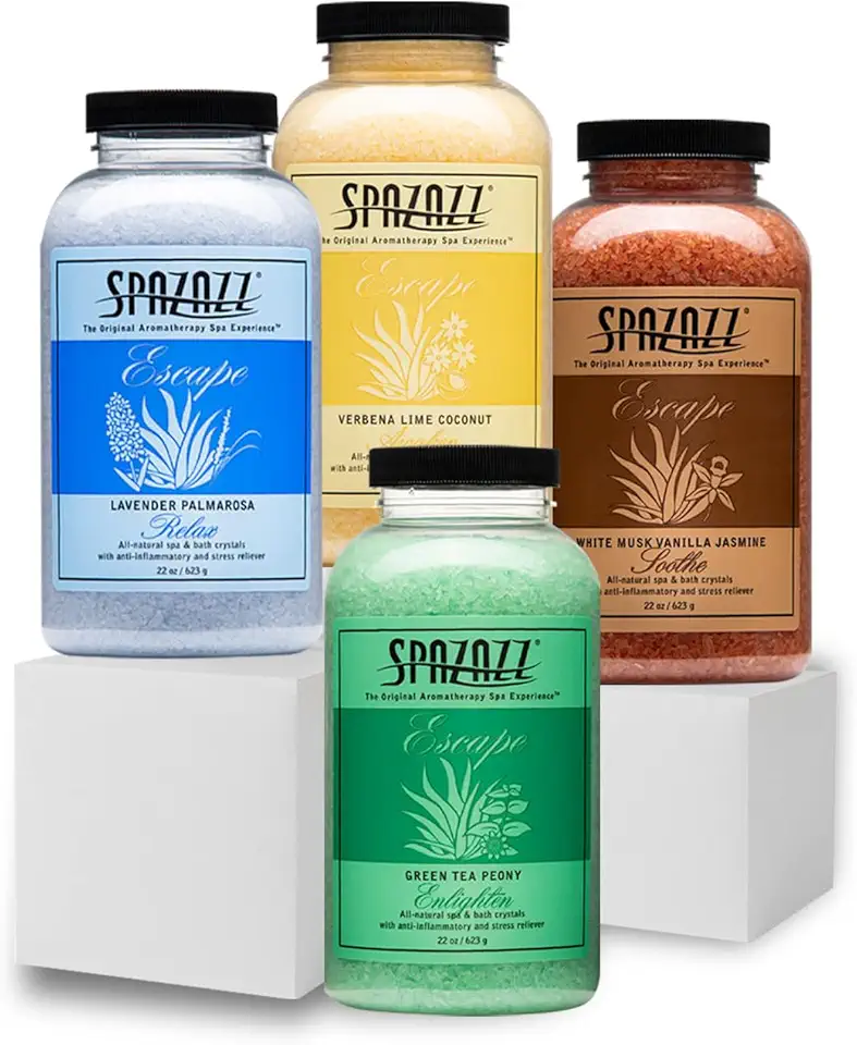 Hot Tub &amp; Spa Bath Salt Aromatherapy Crystals Gift Set - Spazazz Escape Collection Bundle 4-Pack (22oz Each) - Lavender Palmarosa, Verbena Lime Coconut, Green Tea Peony, White Musk Vanilla Jasmine