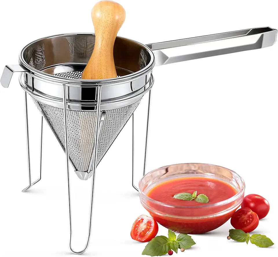 Feekoon Stainless Steel Chinois Strainer with Stand and Wooden Pestle Set, China Cap Strainer for Tomato, Berry, Fruit, Egg, Soup and Other Canning Jam Making Supplies, 15.35 x 7.67 x 7.28 inch