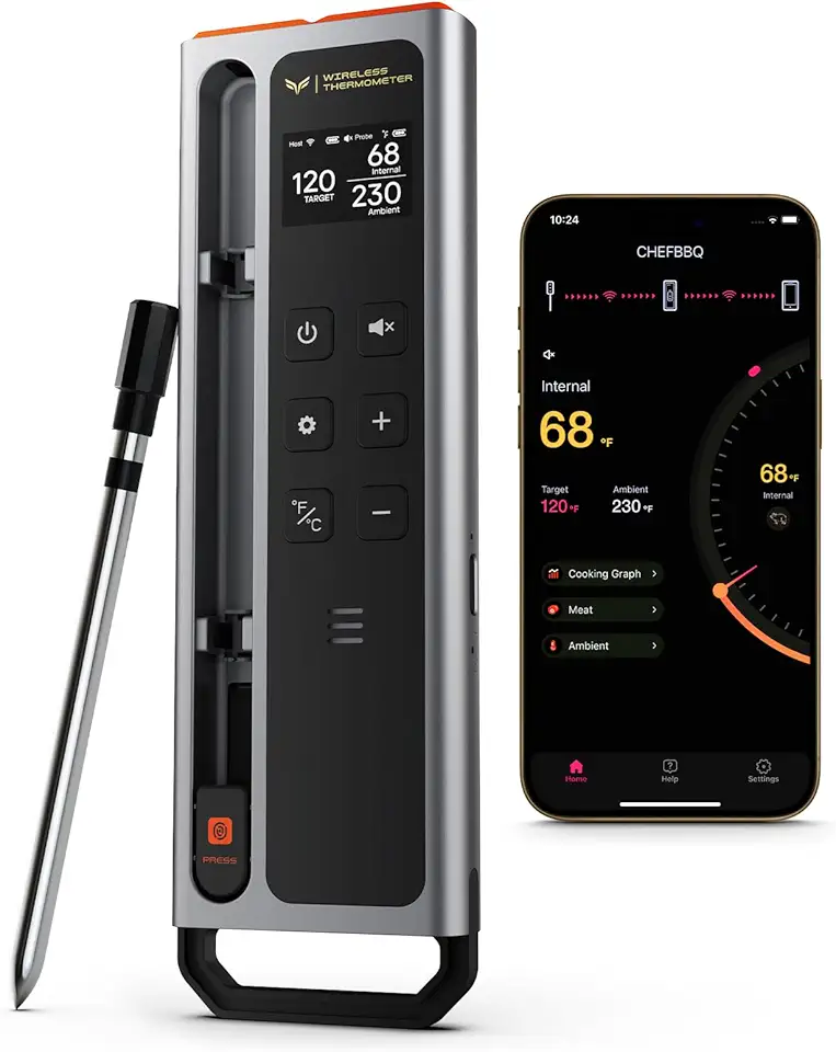 Meat Thermometer Digital Wireless, 800FT Long Range Bluetooth Cooking Thermometer, Food Thermometer for Remote Monitoring of Grill, Oven, Smoker, Air Fryer, Rotisserie, iOS &amp; Android App