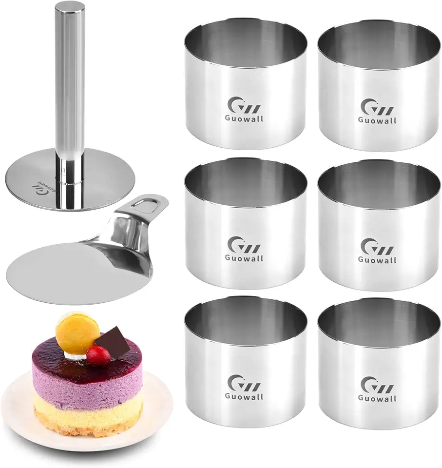 Guowall 8pcs 3 inch Seamless Mousse Cake Ring for Baking Stainless Steel Round Food Pastry Mold includes 1 lifter, 1 pusher and 6 rings