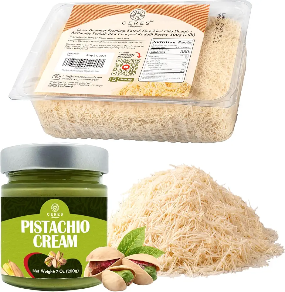 Premium Kataifi Shredded Fillo Dough &amp; Pistachio Butter Spread Bundle for Viral Dubai Chocolate – Authentic Turkish Raw Chopped Kataifi Pastry (500g) and Sweet Pistachio Nut Cream (7.76 Oz), Ideal for Kunafa, Baklava, and Gourmet Desserts