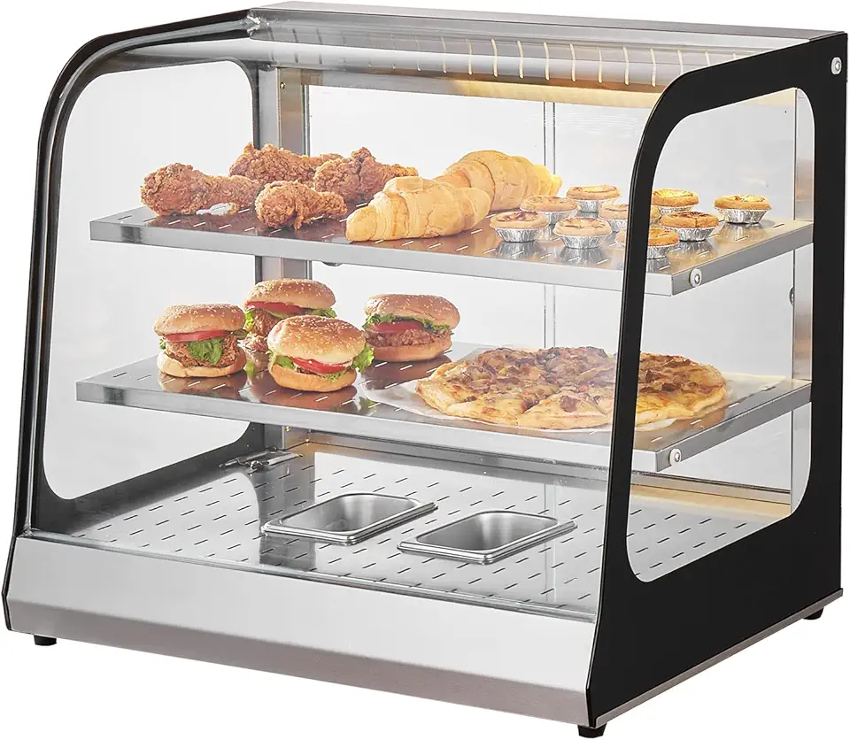 VEVOR 2-Tier Commercial Food Warmer Display, 850W Food Display Warmer w/Tempered Glass and Steam Heating, 86℉~185℉ Temperature Control, 111L Large Capacity for Hamburger, Pizza, Bread, Fried Chicken