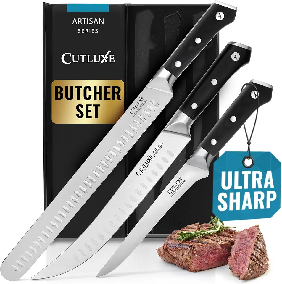 Cutluxe Butcher Knife Set – BBQ Brisket Knife, Breaking Knife &amp; Boning Knife – Slicing Carving Knife Set for Meat Cutting, Ultra Sharp German Steel, Full Tang, Ergonomic Handles – Artisan Series