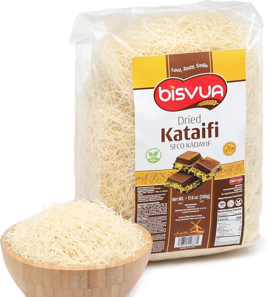 BISVUA Premium Dried Kataifi 500g (17.6 oz) - Perfect for Viral Dubai Chocolate Bar Pistachio Stuffed Desserts knafeh, Kunafa, and Middle Eastern Pastries - kataifi shredded fillo dough