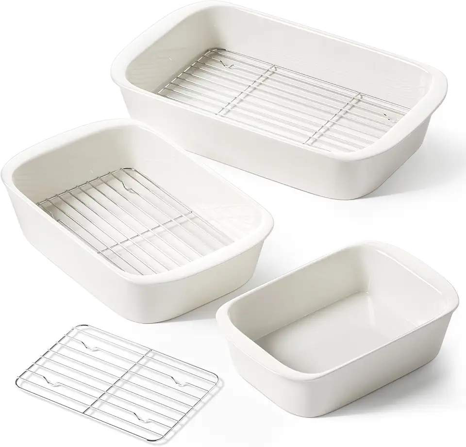 LE TAUCI Deep Casserole Dishes for Oven, 13.7”x9.6” Ceramic Baking Dish Set with Roasting Racks, Large Lasagna Pans with Handles, Rectangular Bakeware as Gift, White (4.6QT/3.0QT/1.6QT), Set of 3