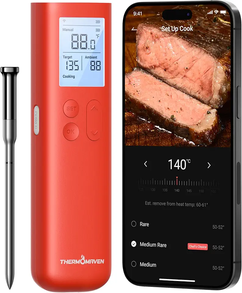 Wireless Meat Thermometer, 10X Enhanced Signal and Stability with Sub-1G, Standalone Base with Display &amp; Control, Certified Accuracy ±0.5°F, WiFi Unlimited Range for BBQ, Oven,Smoker,Grill