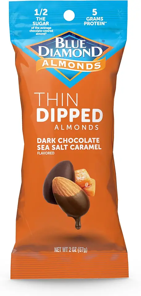 Blue Diamond Almonds, Dark Chocolate Sea Salt and Caramel Covered Thin Dipped Snack Nuts Individual Packs for Guilt-Free Snacking with Half the Sugar, Perfect for Gathering, Pack of 10, 2oz Single Servings