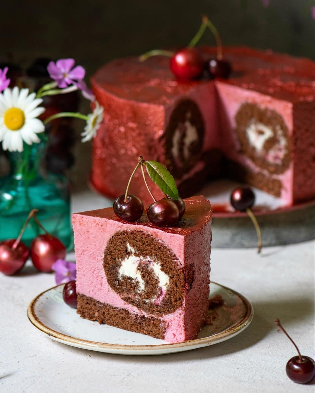 CHERRY MOUSSE CAKE WITH CHOCOLATE ROLL