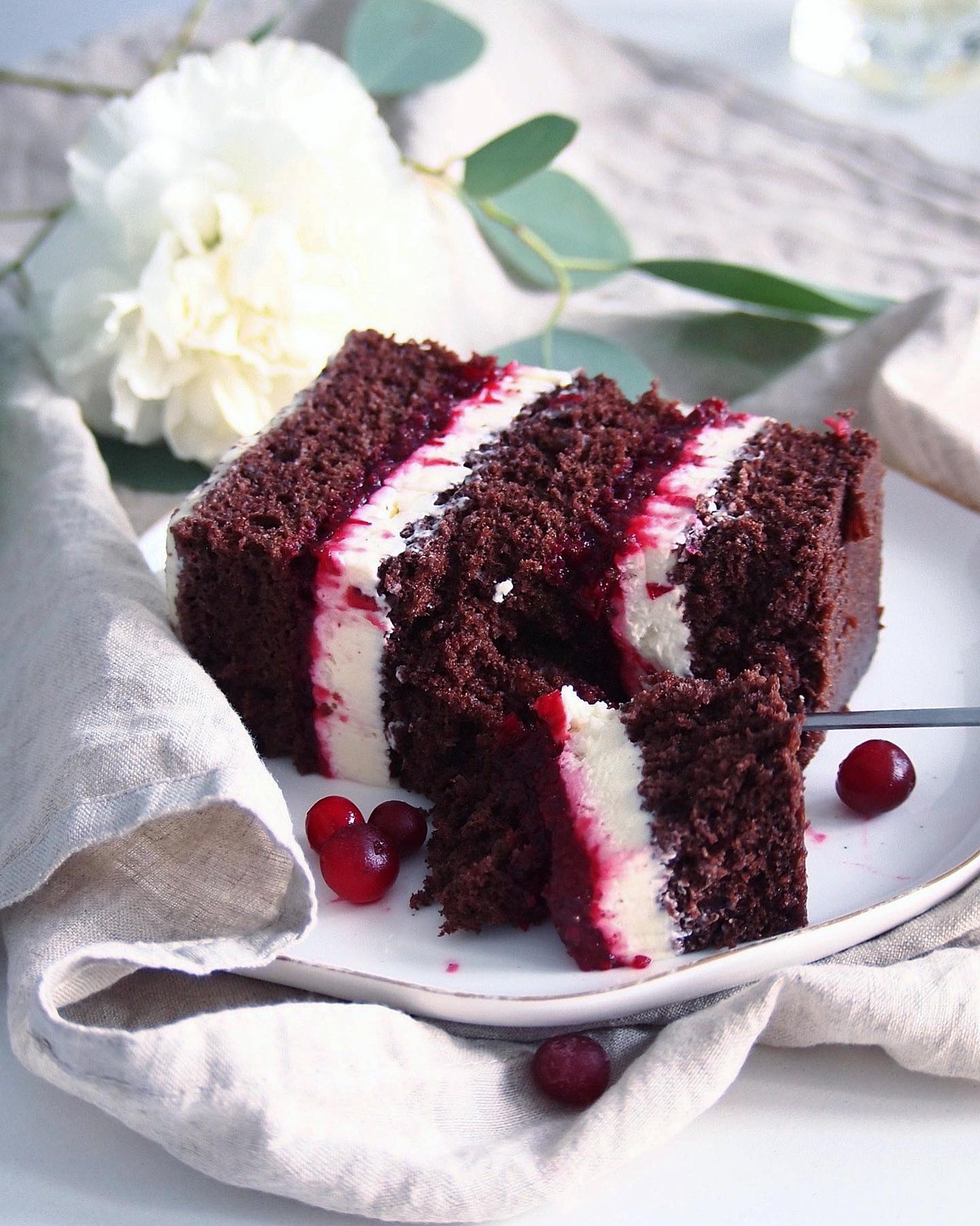 Chocolate, cranberry, wine & mascarpone cake
