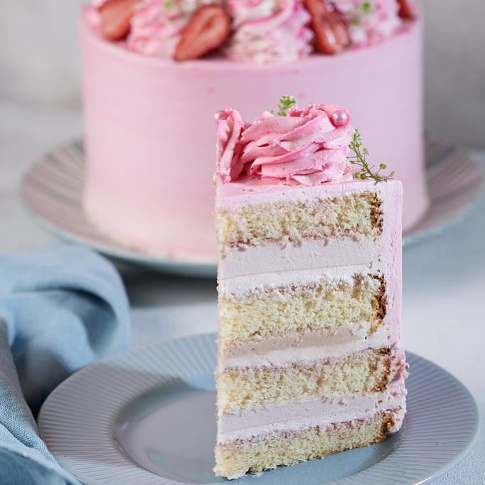 Vanilla biscuit cake with strawberry yoghurt mousse