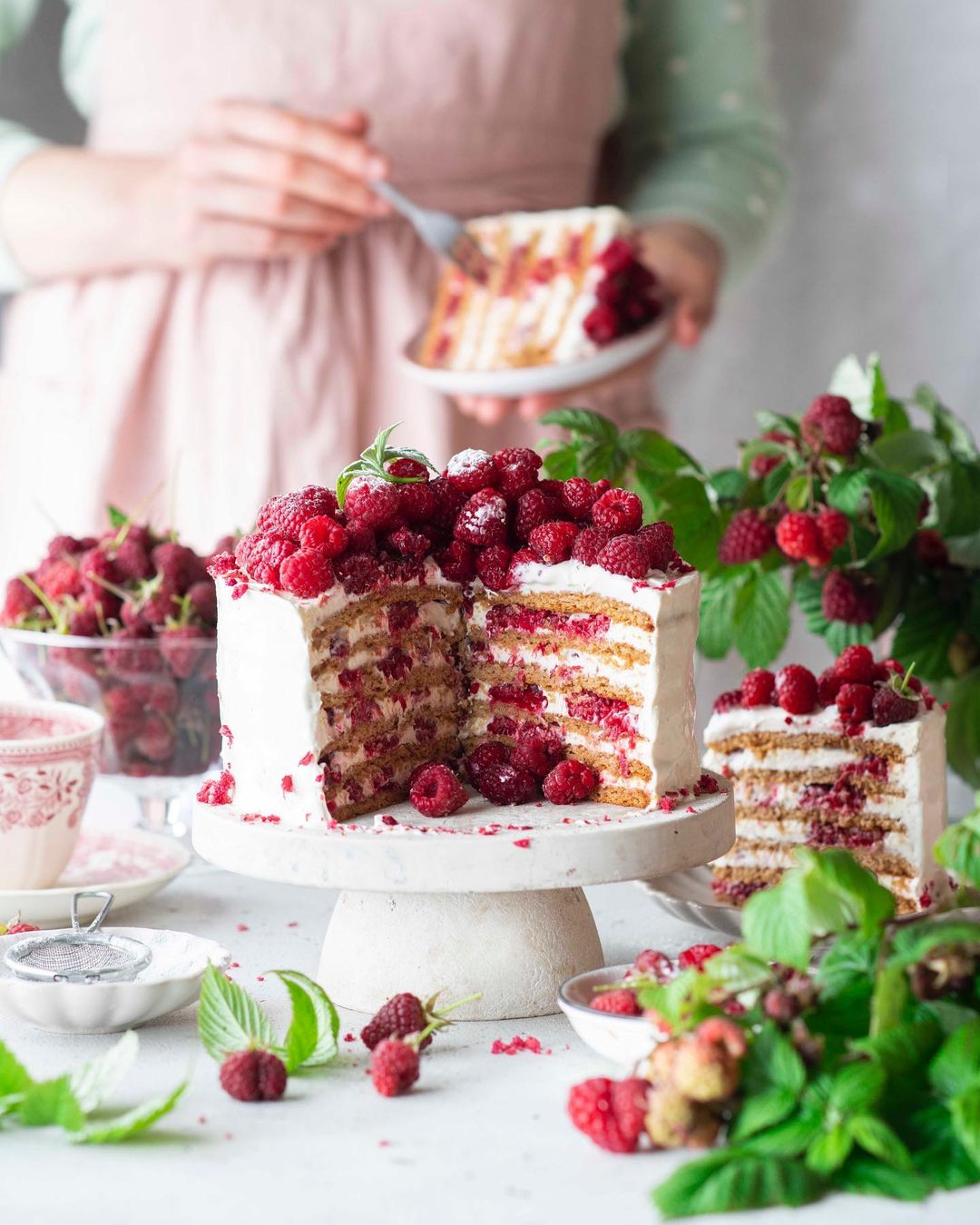 Honey cake with raspberries