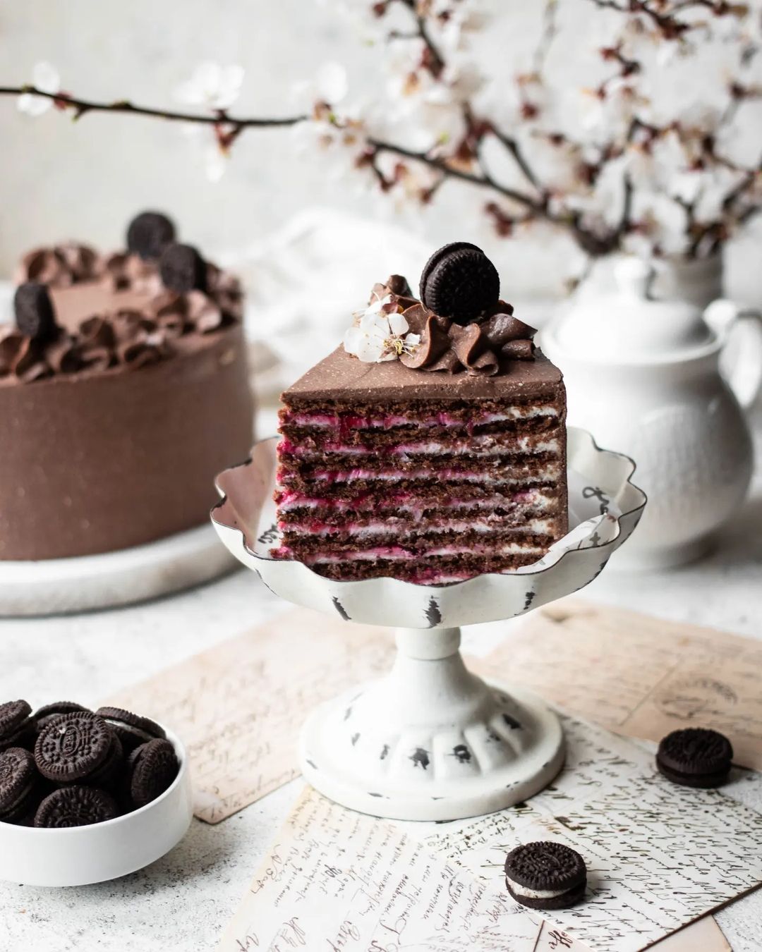 Chocolate layer cake with berry jam