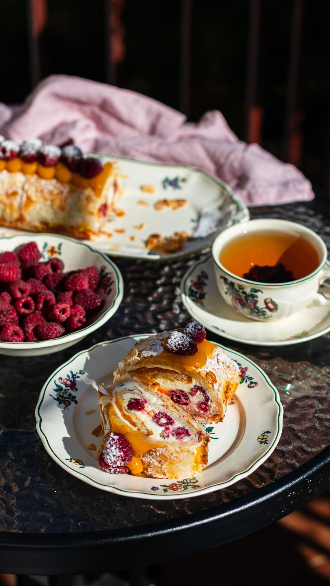 Almond Meringue Roll with Mango and Raspberry