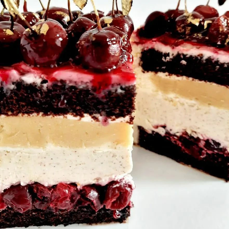 Cherry, chocolate & sesame cake with almond cheese