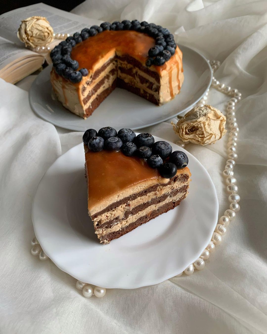 Chocolate cake with coffee cream & nut caramel