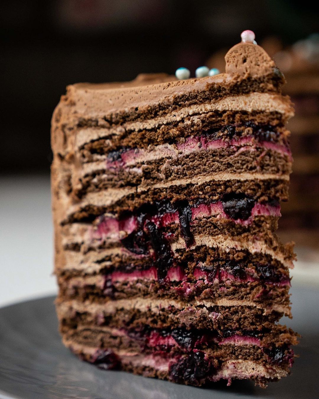 Chocolate honey cake with black currants