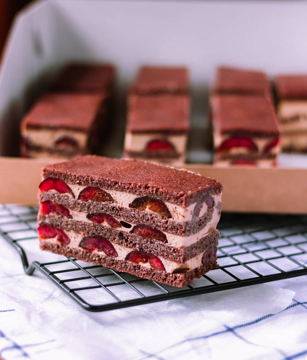 Coffee & chocolate shortcake with cherries