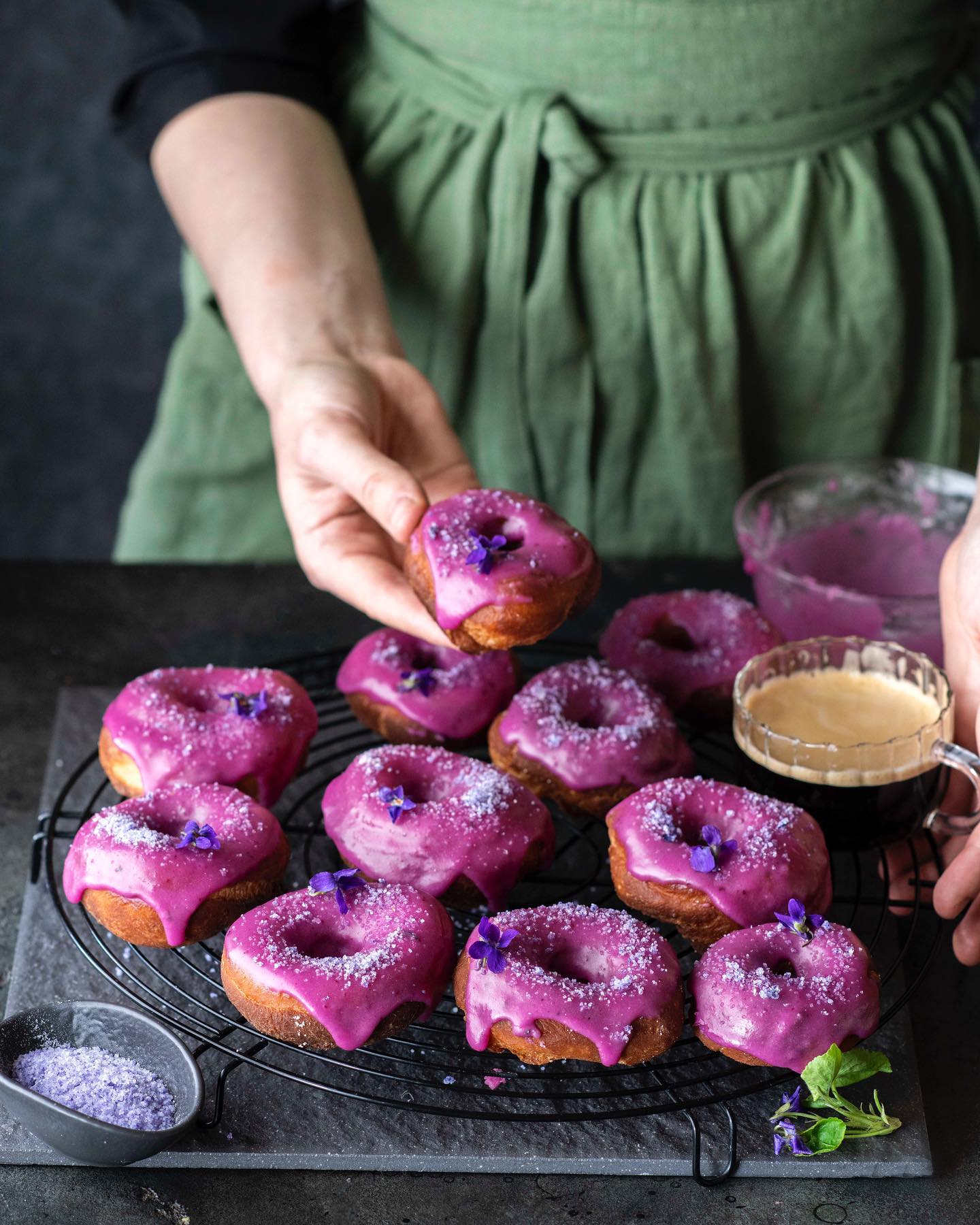 Donuts with blueberry glaze and homemade violet sugar