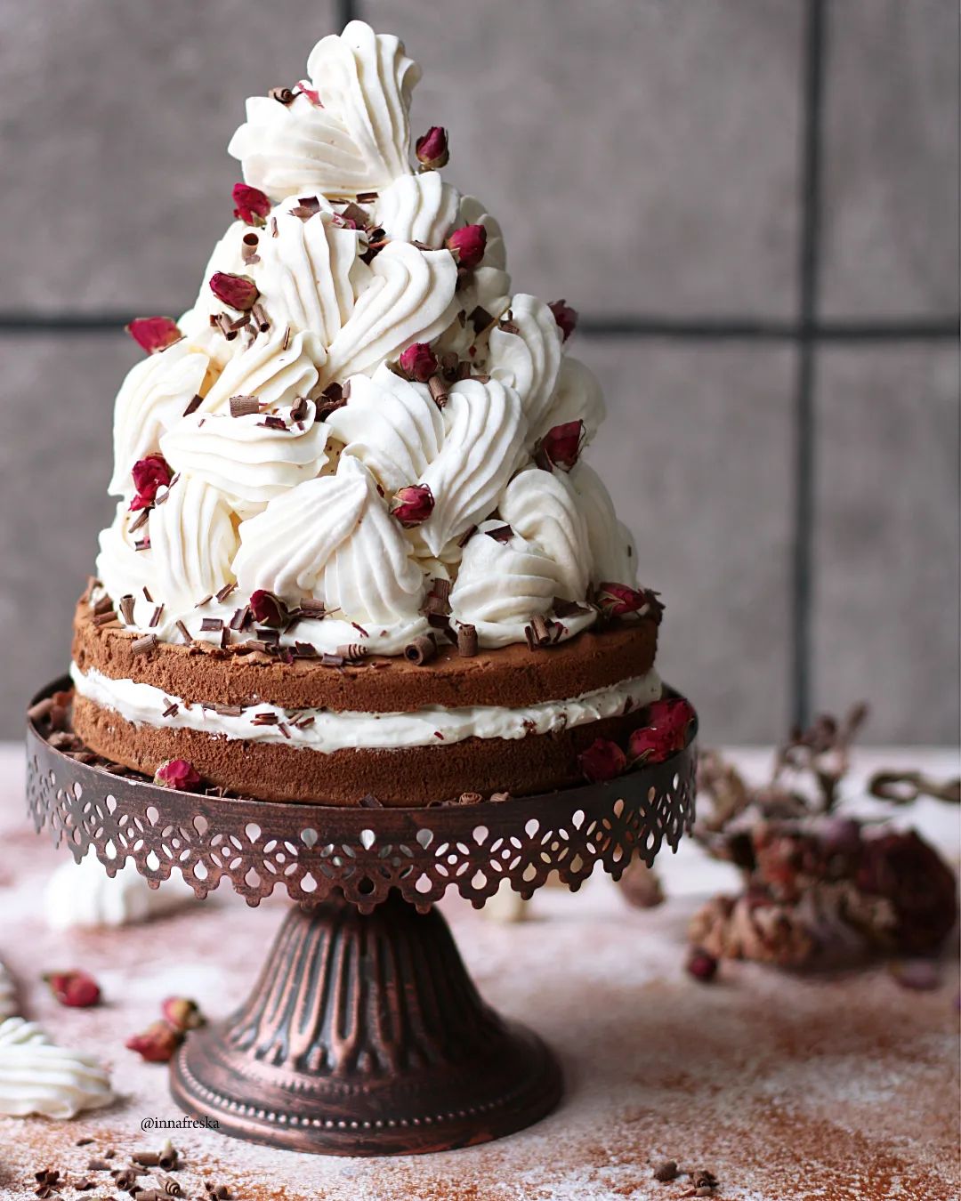 Heart wrecks cake with meringue