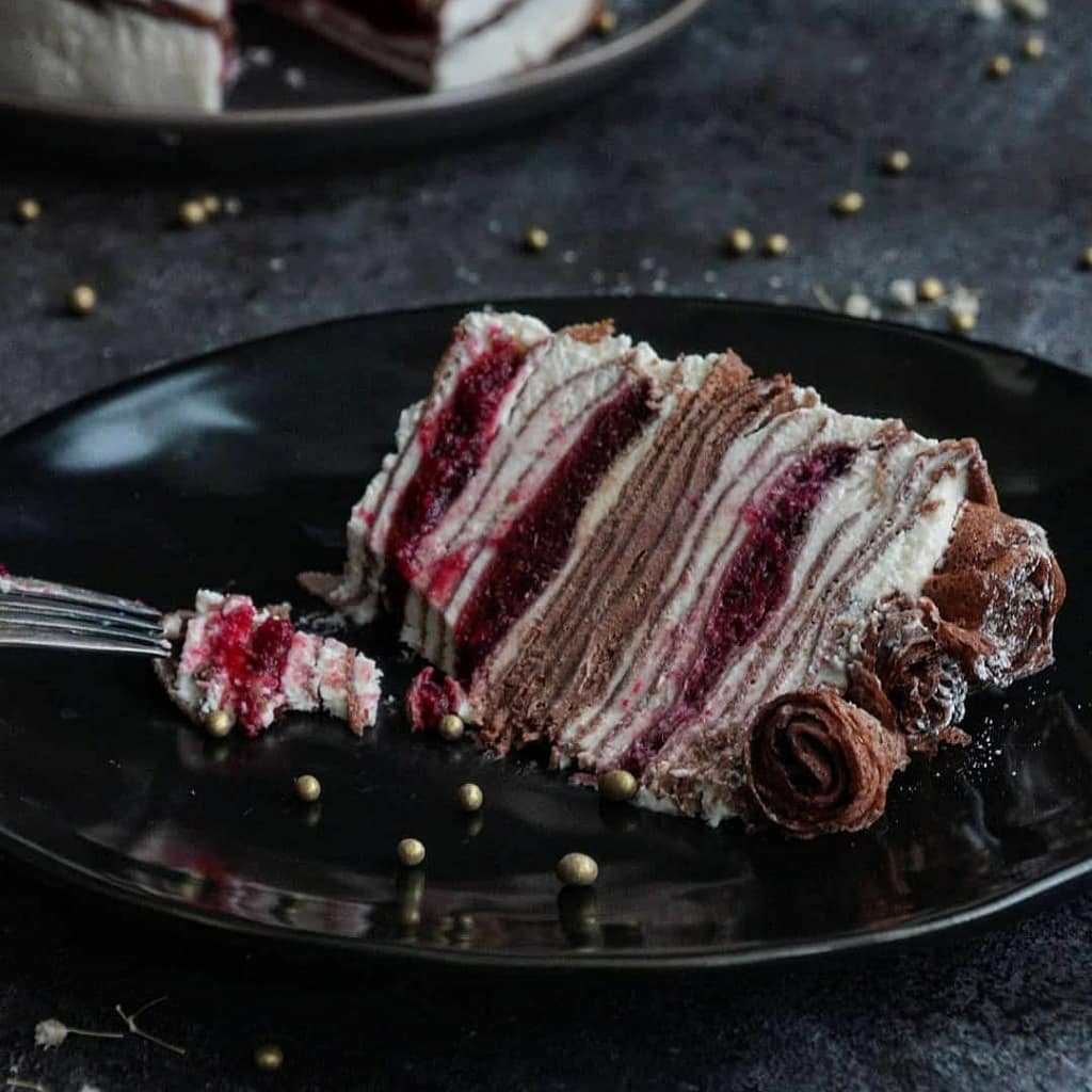 Pancake cake with cherry confit